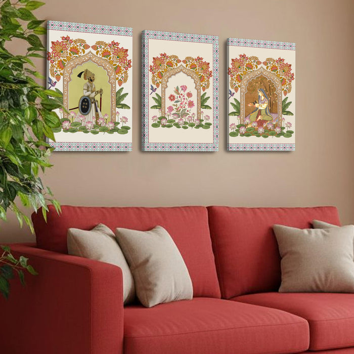 Set of 3 Stretched Canvas Indian Miniature Painting Print Stretched Canvas Wall Art Set of 3 with Mughal Art Wall Decor, Pichwai Floral Archway Traditional Painting 30x42 cm