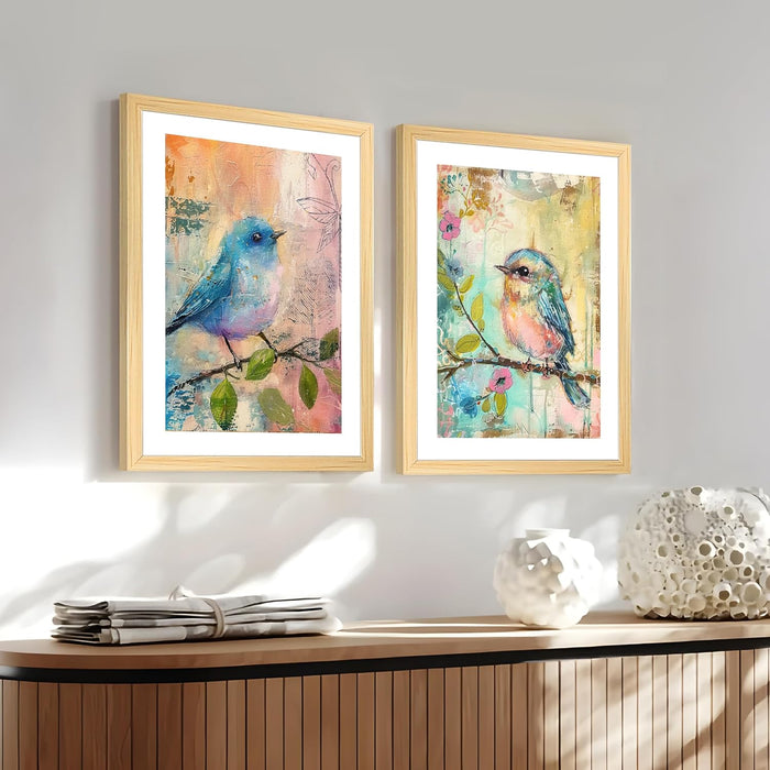 Modern Art Soft Pastel Bird Sitting on Branch Painting, Set of 2 (Blue, 13x18 Inch), Wall Paintings