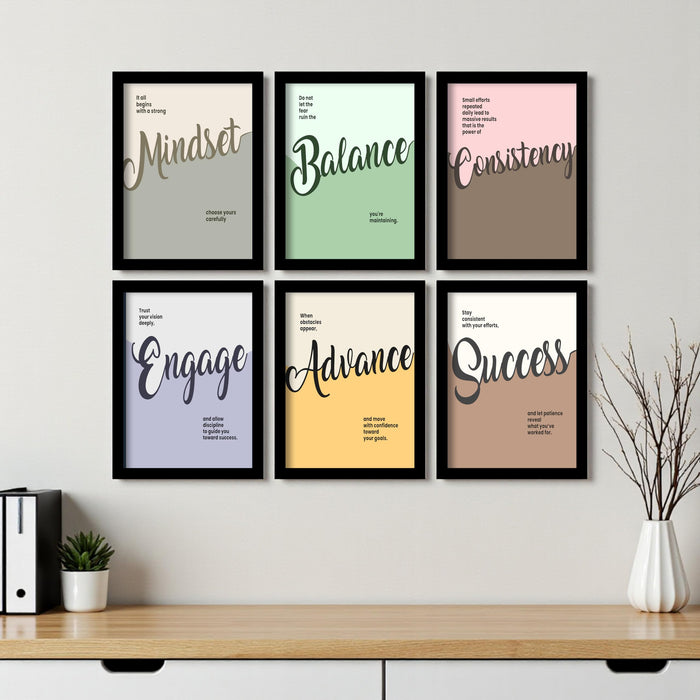 PAINTINGMANTRA Motivational Quote Wall Art Set of 6 Framed Prints | Mindset Balance Consistency Success Wall Décor for Home, Office & Study Room, 23x32 cm