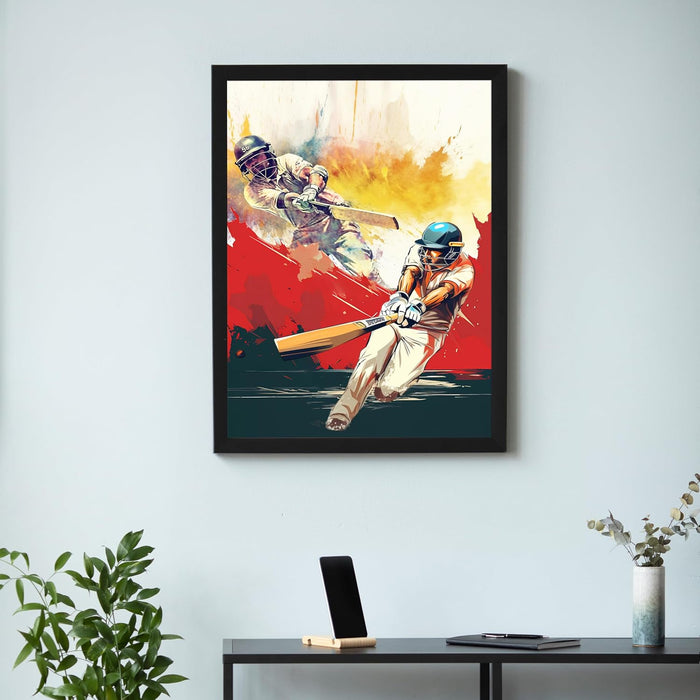 Framed Wall Hanging Art Print of Cricket Batsman Batting Sports Poster For Home Decor (12.7X17.5 Inch)