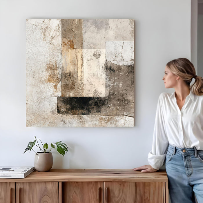 Modern Abstract Stretched Canvas Wall Art Painting For Living, Minimalist Neutral Earth Tone Painting, Geometric Artwork for Living Room, Office & Home Decor (56xx56 cm)