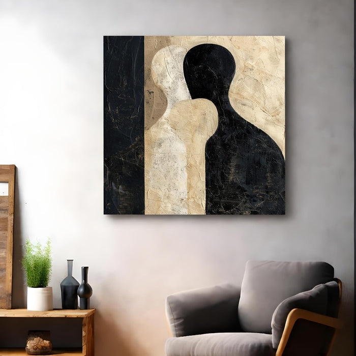 Modern Abstract Figurative Stretched Canvas Wall Art Painting For Living Room, Minimalist Silhouette Painting, Large Textured Neutral Earth-Tone for Living Room & Office (56xx56 cm)