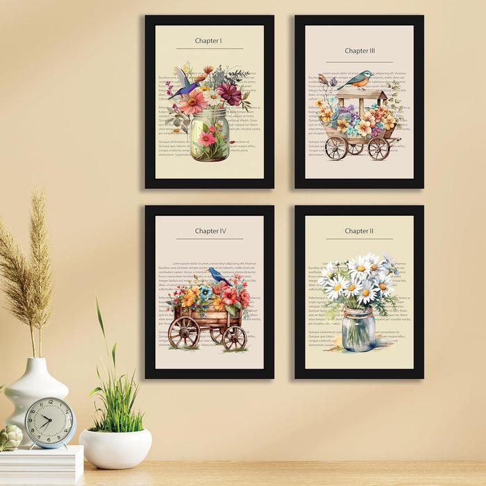 Art Street Dictionary Art Prints Textured Birds & Beautiful Flower Theme, Framed Posters for Home Décor & Wall Decoration for Living Room (Set of 4,12.6 X 9.2 Inch)