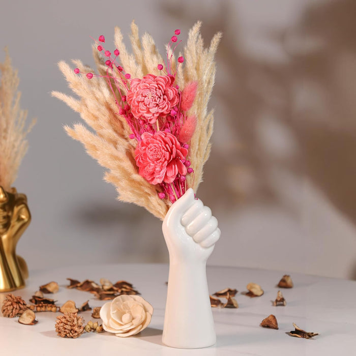 Dried Pampas Grass and Pink Artificial Flowers Bouquet Boho Dried Flower Arrangement, Natural Dry Floral Bouquet 30 cm