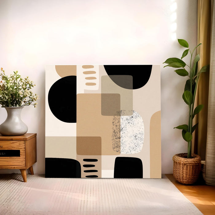 Mid-Century Modern Geometric Wall Art Painting For Living Room, Minimalist Abstract Shapes Stretched Canvas Painting, Black & Brown, Contemporary Boho Decor for Living Room & Office (56xx56 cm)