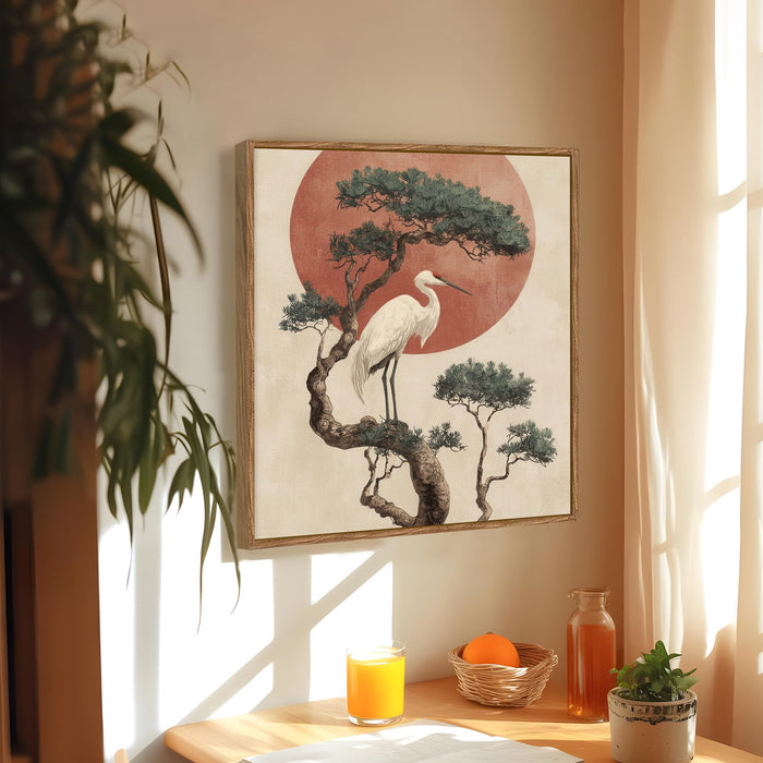 Japanese Crane Sun Framed Painting For Living Room | Vastu Crane Large Canvas Painting With Frame Wall Art For Bedroom, Hallway's, Office, Hotel, Size 58x58 cm