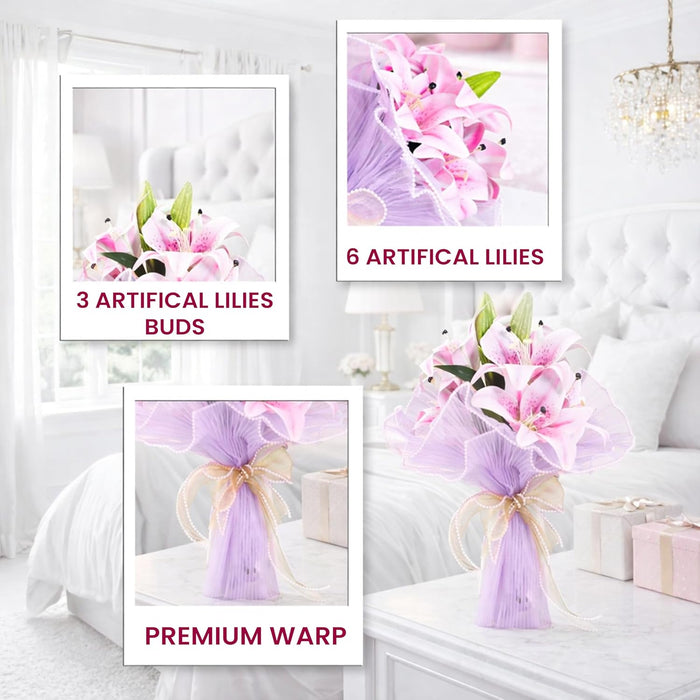 Art Street Artificial Pink Lily Flower Bouquet with Decorative Wrapping