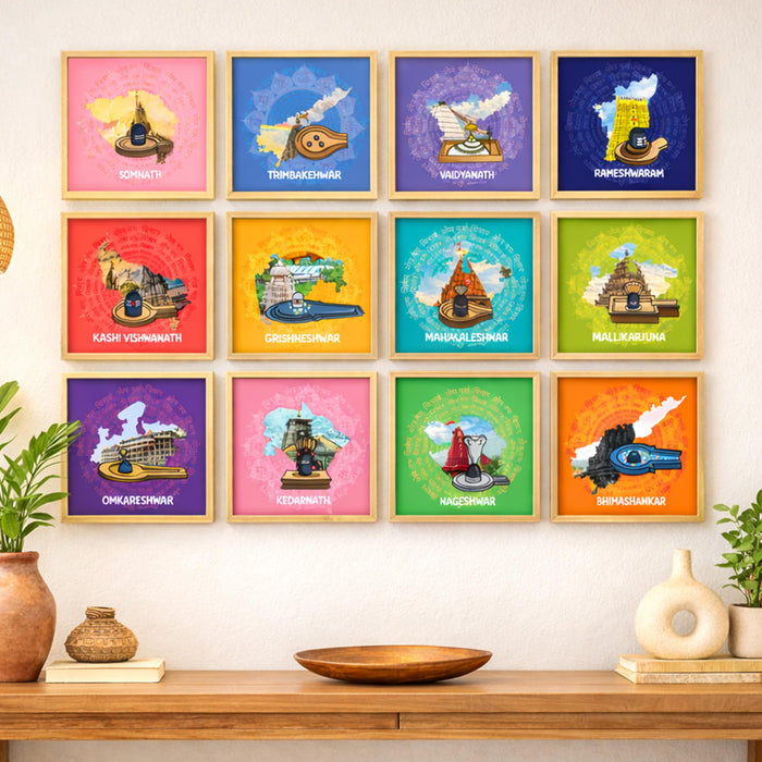12 Jyotirlinga Wall Art Painting For Living Room | Lord Shiva Sacred Temples Framed Wall Art Paintings | Spiritual Home Decor Frames for Pooja Room, Office | Religious Gift Set (Set of 12), 9x9 Inch