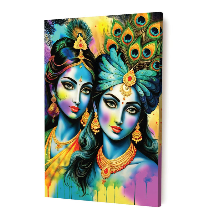 Stretched Canvas Divinity Love of Radha Krishna Rangoli Paintings For Home Decoration, (Size: 16x22 Inch)