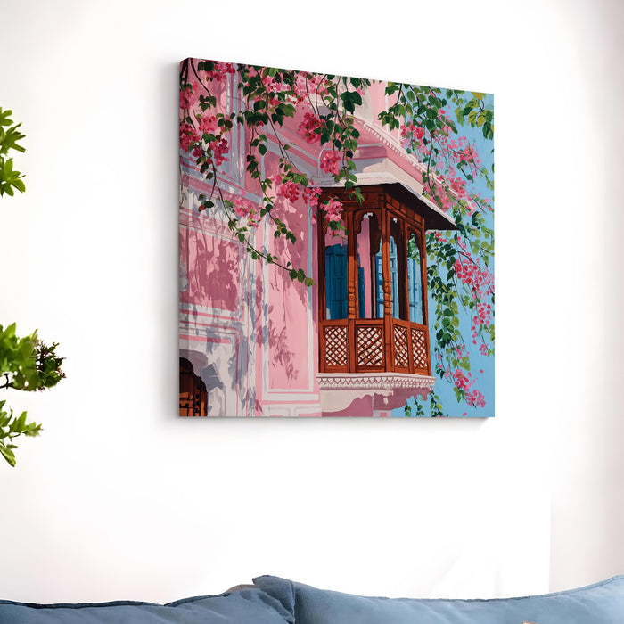 Traditional Indian Architecture & Pink Bougainvillea Floral Painting For Living Room, Jaipur Balcony Stretched Canvas Wall Art, Modern Boho for Living Room, Office & Home Decor (56xx56 cm)