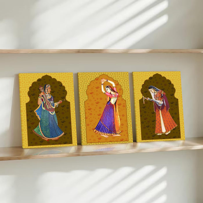 Art Street Set of 3 Stretched Canvas Painting of Mughal Traditional Dance Modern Art for Home Décor, Living Room, Wall Hanging, (Size: 12x16 Inch)