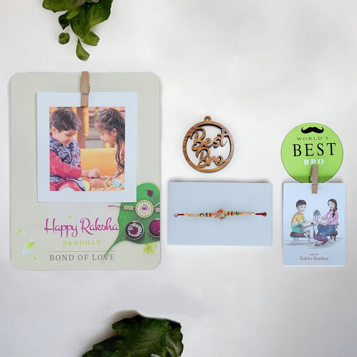 Art Street Rakhi Gift Hamper Combo Set-One 6x8 Inch Photo Clip Frame Peacock Rakhi for Brother, Best Bro Keychain, Happy Rakshbandhan, One Photo Clip Best Brother Fridge Magnet Rakshabandhan Rakhi