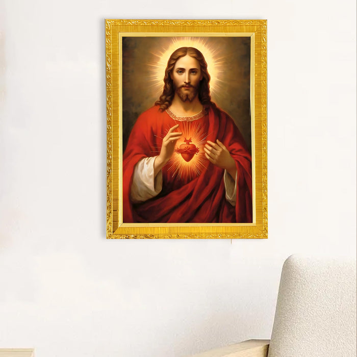 Jesus with Heart Photo Frame for Church, Pooja Room | Divine Christian Deity Wall Art (10x13 Inch)