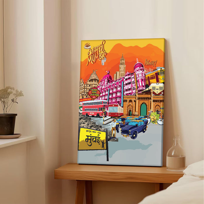 Mumbai Landmarks Collage Mixed Media Canvas Wall Painting | Travel pop art Canvas Wall Painting For Home and Office Wall Décor (41x56 cm)