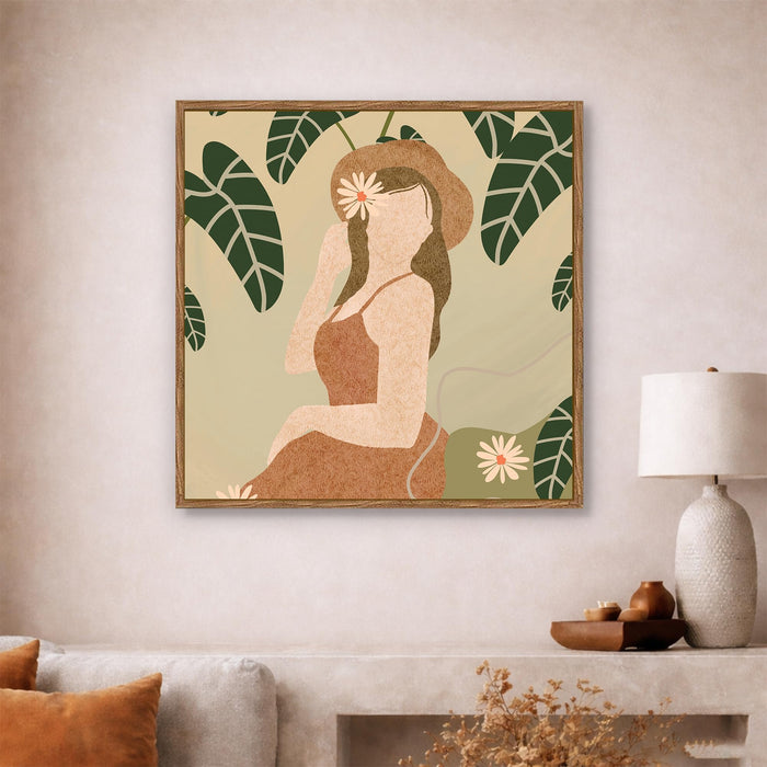 Boho Woman Botanical Framed Painting For Living Room | Tropical Woman Figurative Large Canvas Painting With Frame Wall Art For Bedroom, Hallway's, Office, Hotel, Size 58x58 cm