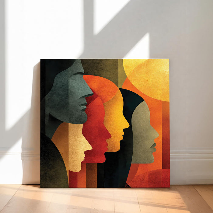Boho Cubist Faces Stretched Canvas Painting For Living Room | Abstract Portrait Wall Art Large Canvas Painting For Livingroom Home Decor, Bedroom, Hallway's, Office, Hotel - 86x86 cm
