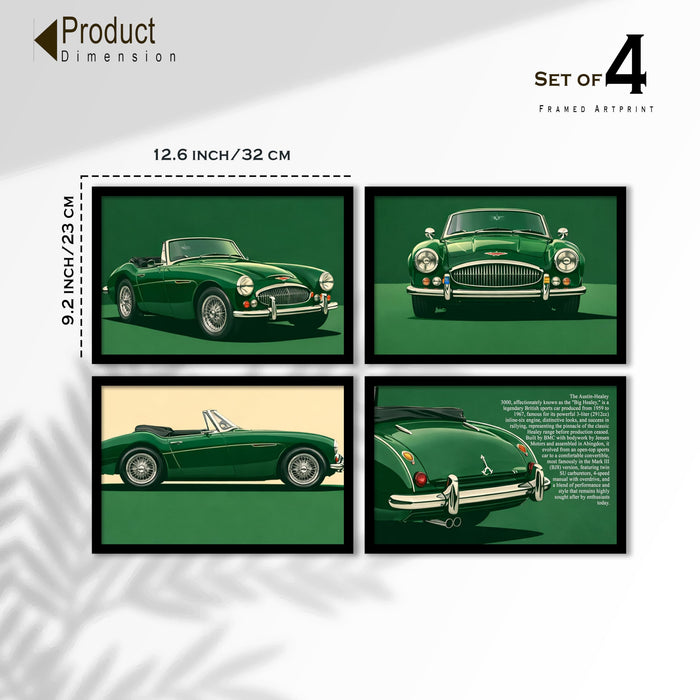 Austin-Healey 3000 Framed Wall Art Set Painting of 4 | Classic British Sports Car Illustration Prints for Living Room, Office & Studio Décor, 23x32 cm