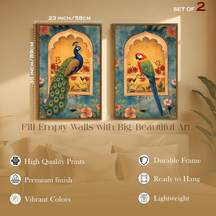 Mughal Parrot and Peacock flower Jharokha Canvas Painting Indian Large Wall Art Painting for Living Room Decoration, Stylish Large Wall Art Print for Wall Decor (Set of 2, 58x89 cm)