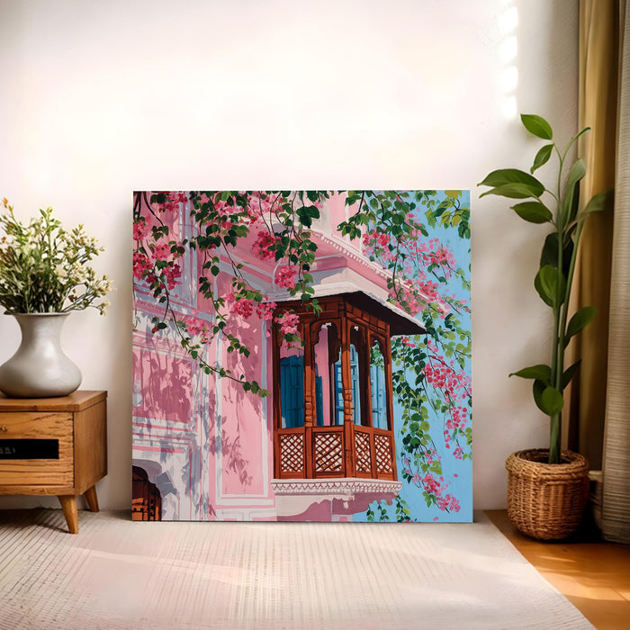Traditional Indian Architecture & Pink Bougainvillea Floral Painting For Living Room, Jaipur Balcony Stretched Canvas Wall Art, Modern Boho for Living Room, Office & Home Decor (56xx56 cm)
