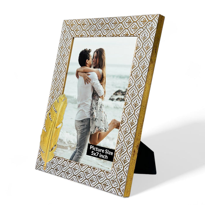 Photo Frame with Golden Metalic Leaf, White (5x7 Inch), Wooden Tabletop Photoframe.
