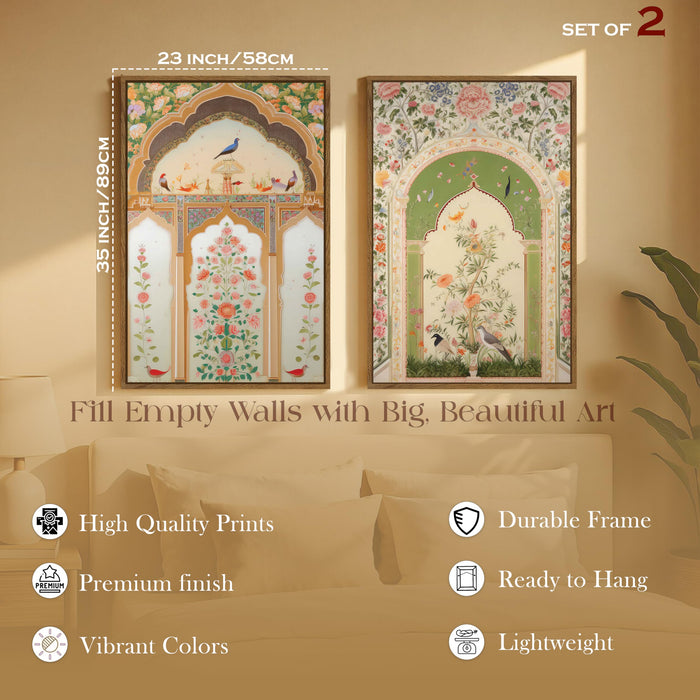 Mughal Jharokha Peacock and Flower Canvas Indian Large Wall Art Painting for Living Room Decoration, Stylish Large Wall Art Print for Wall Decor (Set of 2, 58x89 cm)