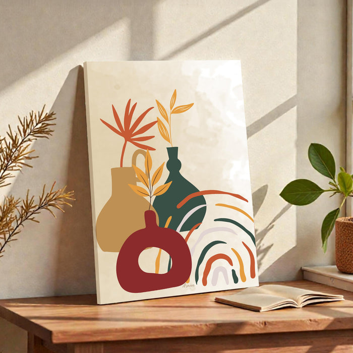 Abstract Vase and Plats Stretched Canvas Wall Art Modern Boho Illustration Painting for Home & Office Wall Decor, (16x22 Inch)