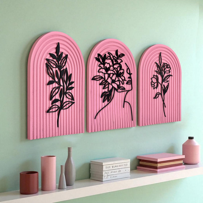 Pack of 3 Boho Floral Wall Art with Arched Wood Base and Floral Women Face Cutouts Boho Decor 22x31 cm