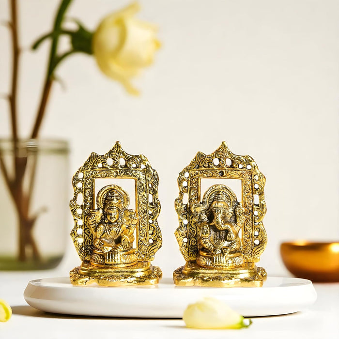 Antique Metal Lakshmi and Ganesha Brass Finished Idol Set for Pooja Room, Deepawali Decoration for Home, Lakshmi Ganesh Idol for Diwali, Brass Finished Idols for Home Décor 8.9x13.7 cm
