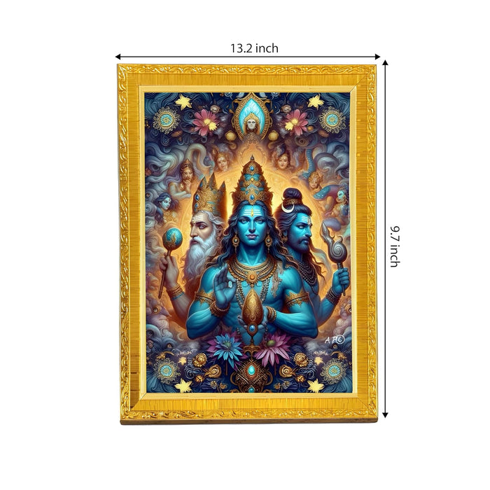 Trimurti Brahma Vishnu Mahesh Photo Frame for Mandir, Pooja Room | Divine Hindu Deity Wall Art (10x13 Inch)