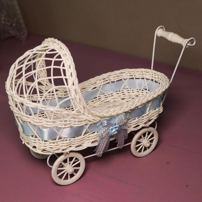 Gift Hamper Wicker Trolley, Mini Doll Stroller Shape Flower Basket/Gift Presenter, Organizer for Home and Table Décor (9x12 Inch)