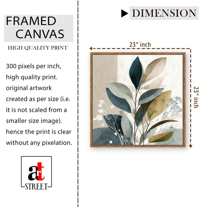 Abstract Botanical Leaf Framed Painting For Living Room | Modern Nature Leaves Large Canvas Painting With Frame Wall Art For Bedroom, Hallway's, Office, Hotel, Size 58x58 cm