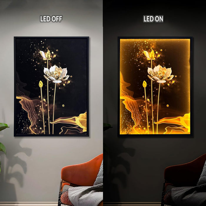 Framed Canvas Art Print with LED Light Decorative Painting Wall, Canvas Art, Digital HD White Lotus Print Wall Decor 43x58 cm