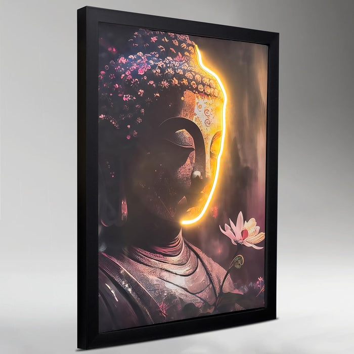 LED Buddha Wall Art Print with Wooden Frame, Feng Shui Vastu Wall Decor, Buddha Painting with LED Light - 43x58 cm
