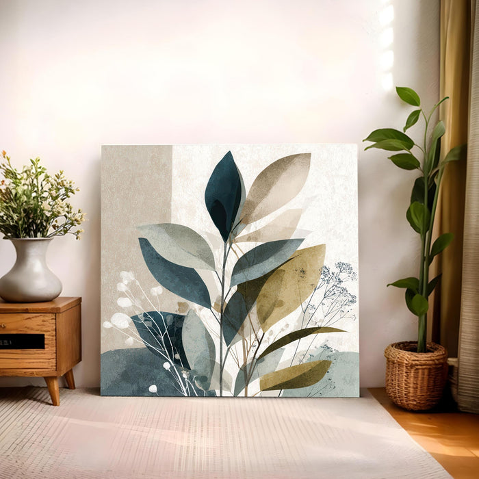 Abstract botanical foliage Stretched Canvas Wall Art Painting For Living Room, Modern Abstract Botanical Poster, Minimalist Overlapping Leaves in Earth Tones for Living Room & Office (56xx56 cm)