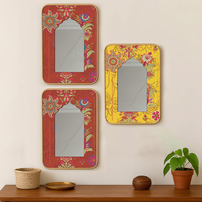 Decorative Jharokha Acrylic Mirror Set of 3 Blue Yellow and Green Floral Pattern Printed Gold Metal Finish Décor Mirror (8.2x12.2 Inches)