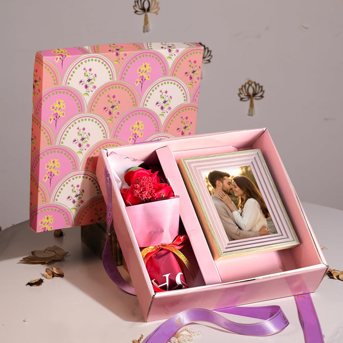 Art Street Valentine Gift Hamper Box with Photo Frame, One Red Rose Bouquet Valentine Celebration and Gift for Family, Friends and Relatives (Pack of 3)
