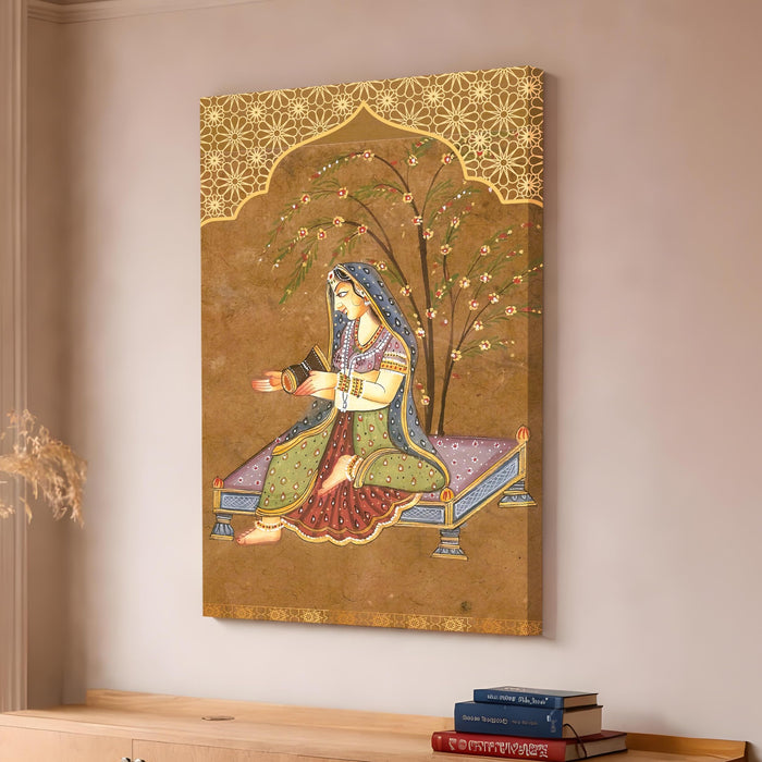Madhubani Rajput Stretched Canvas Painting For Living Room | Floral Jharokha Stretched Canvas Wall Art For Livingroom Home Decor, Bedroom, Hallway's, Office, Hotel - 56x86 cm