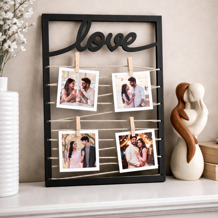 Art Street Love Themed String Photo Frame with Clips, Vertical Wooden Photo Display with Jute Rope 4 Pictures Valentine’s Day Gift Anniversary, Wedding Gift for Couple, Black MDF, 20x30 cm