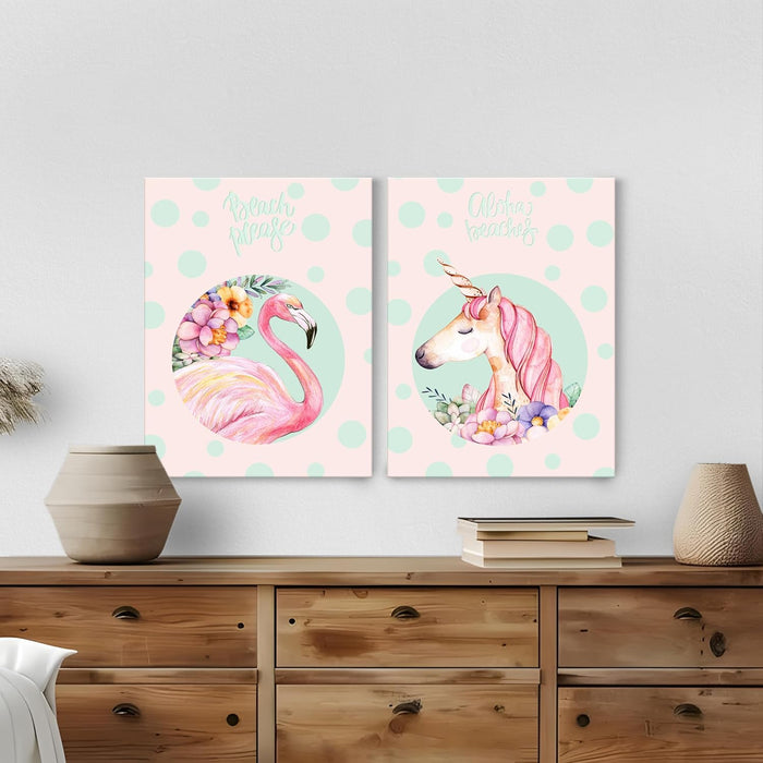 Flamingo & Unicorn Theme Stretched Canvas Art Print, Paintings Pack of 2 | Digital Print On Stretched-Canvas (30x41 CM)