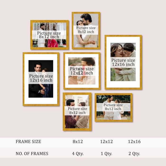 Art Street Photo Frame Set of 7 Gold Wall Decor Collage Display Hanging Family Picture Frames Gallery Collection Decor Items Wall Mount Frames Birthday Anniversary Gift, 8x12, 12x12 and 12x16 In