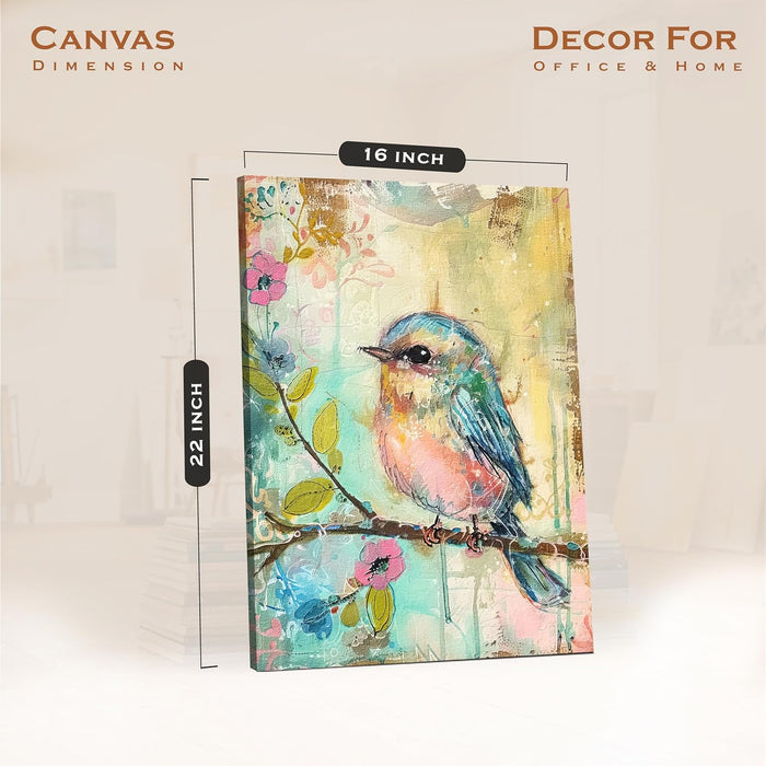 Soft Pastel Art of Bird and Flower in Blue, Pink, and Yellow | Digital Painting On Canvas Stretched on Wood (16x22 Inch)