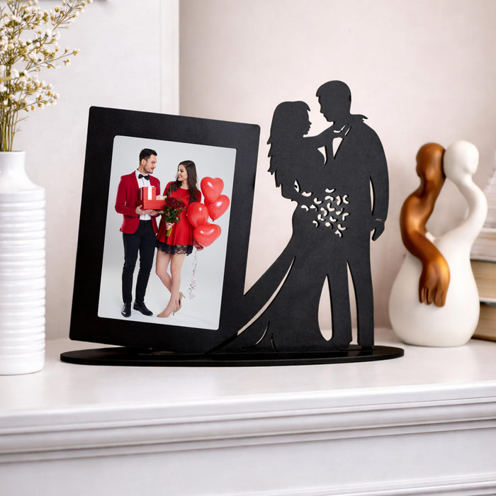 Art Street Laser Cut Couple Photo Frame for Tabletop, Love Themed Wooden 4x6 Inch Picture Frames, Romantic Valentine’s Day Gift for Couple Home Table Decor, Black MDF Photo Frame, 20x25 cm