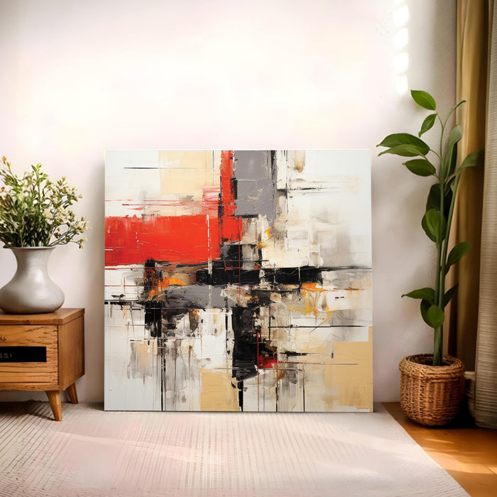 Abstract Texture Wall Art Painting for Living Room, Modern Red, Black & Gold Geometric Stretched Canvas Wall art Poster, Contemporary Decor for Living Room, Office & Home (56xx56 cm)
