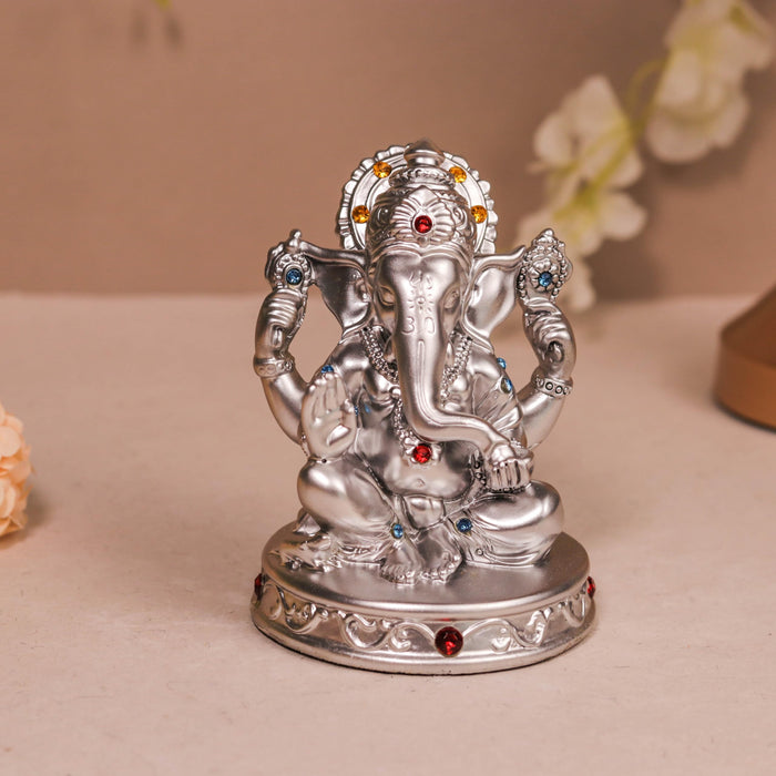 Ganesh Ji Statue Showpiece Idol, Crafted from Resin Ganesh Ji Murti (Silver, 8x11 cm)