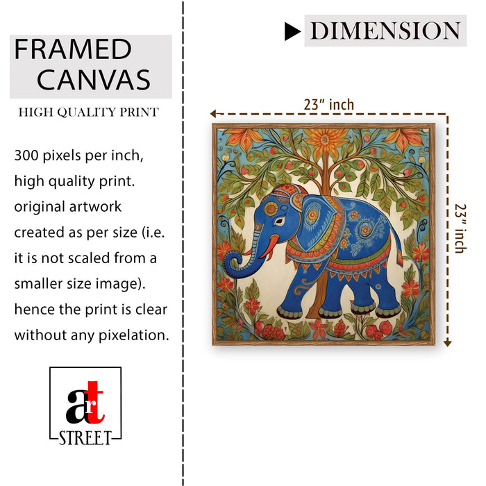 Madhubani Elephant Folk Framed Painting For Living Room | Mithila Botanical Large Canvas Painting With Frame Wall Art For Bedroom, Hallway's, Office, Hotel, Size 58x58 cm