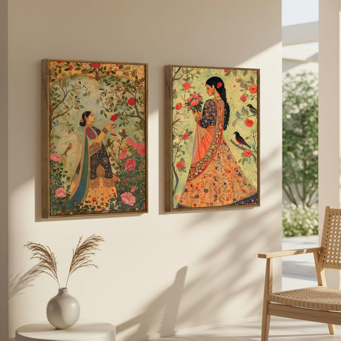 Mughal Women in Flower Garden Canvas Indian Large Wall Art Painting for Living Room Decoration, Stylish Large Wall Art Print for Wall Decor (Set of 2, 58x89 cm)
