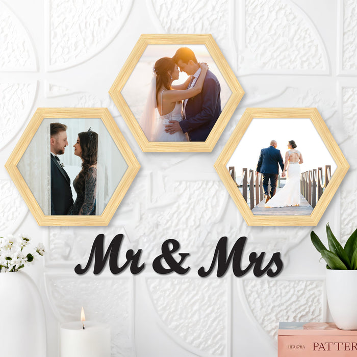Hexagon Wall Photo/Picture Frame Set of 3, and 'Mr & Mrs' Word (Size 10x9.2 Inch)