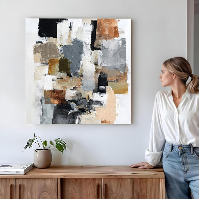 Modern Abstract Stretched Canvas Wall Art Painting For Living Room, Textured Geometric Oil Painting in Earthy Tones, Large Stretched Gallery Wrap for Living Room & Office (56xx56 cm)
