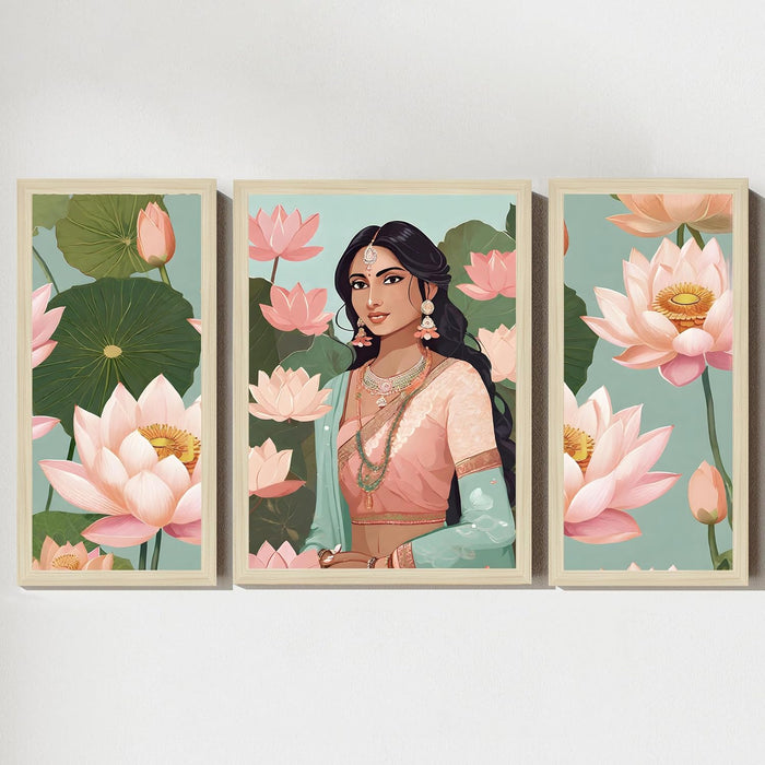 Botanicals Pichwai Framed Wall Art Painting Home Décor Pack Of 3 | Digital Scenery Painting with Frame, Set Of 3 22x46 cm, 33x44 cm