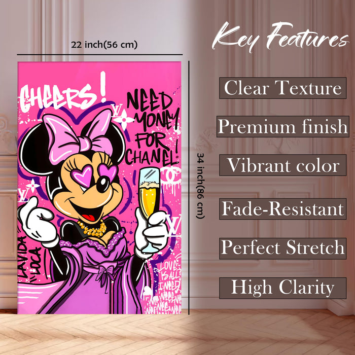 Pink Pop Art Cartoon Lady Wall Painting | Luxury Graffiti Style Stretched Canvas Art Print | Modern Party Theme Wall Décor for Home & Café, 56x86 cm